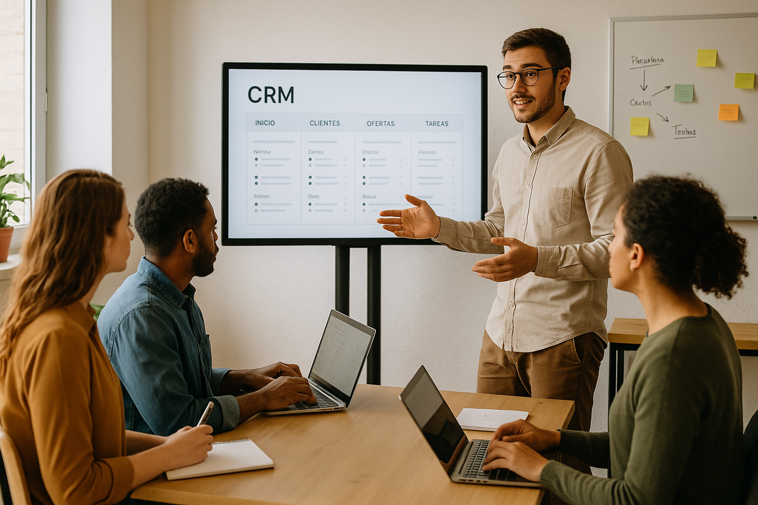 Entrenamiento en oficina pequeña con un formador explicando un sistema CRM a un equipo diverso de empleados con laptops y pizarras de apoyo.